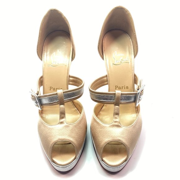 Christian Louboutin Satin Silver Ivory Heels 39 - Picture 2 of 15